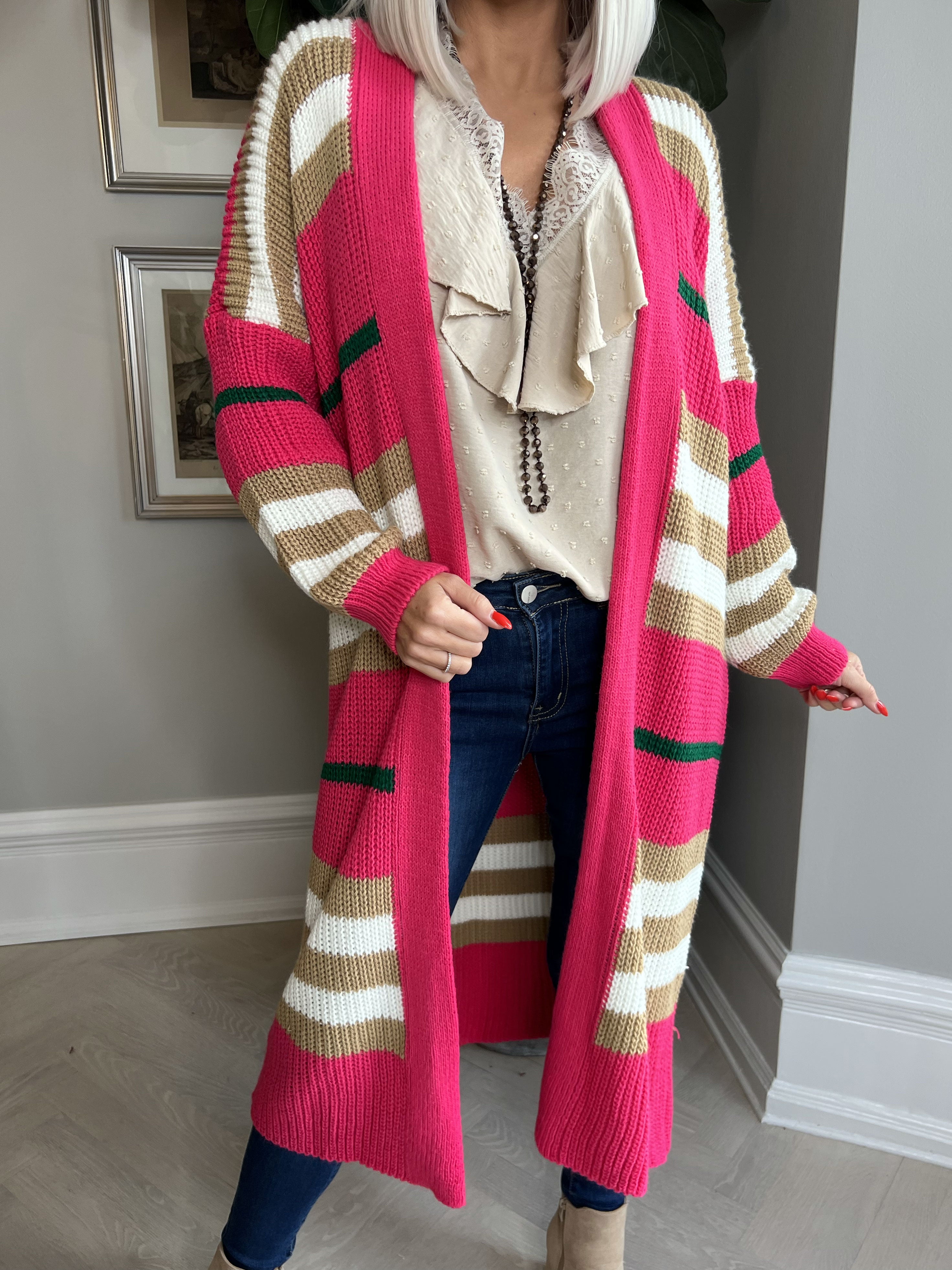 Mikla - Lång randig plus size kofta i stickad